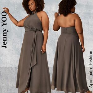 Jenny Yoo Elliya Mock Neck Halter Slit Gown in Grey NWT Size 24 New
